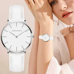 Hannah Martin Casual Ladies Watch com pulseira de couro impermeável mulheres relógios prata quartzo relógio de pulso branco relogio feminino 2102472