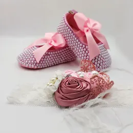 Outdoor Dollbling leuchtend buntes Blumen-Stirnband, rosa Perlen, Schuhe für Neugeborene, 2-teiliges Geschenkset, luxuriöse Babyschuhe