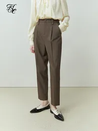 Women's Pants FSLE Retro Brown Women Cropped Tapered Pleated Design Solid Office Lady Temperament Ankle-Length Trousers