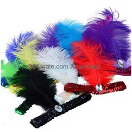 Outros suprimentos de festa de evento Avestruz Feather Headband 1920S Flapper Lantejoula Charleston Traje Headbands Banda Avestruz-Feather Elastic Dhvht