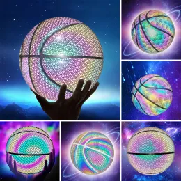 Varor lysande basketboll boll holografisk reflekterande upplyst flash boll pu bärresistent glödande basket natt sportspel