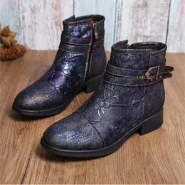 Boots YourSeason Genuine Leather Women Ankle Short Ethnic Style Ladies Belt Buckle Handmade Embossing Shoes Round Toe