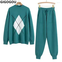 Women's Two Piece Pants GIGOGOU Harem Women Sweater Tracksuits Autumn Winter Warm Oversized Ladys Knit Suit Trousers 2/Two Pieces Sets
