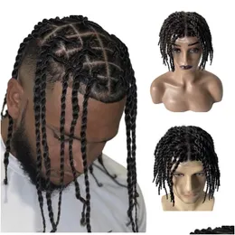 Mens Childrens Perücken brasilianische jungfräuliche menschliche Haarersatz 200% Dichte 1 Jet Black Twist Braids Knots Hautpu -Toupe für Männer Drop dhkzm