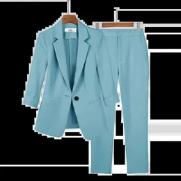 Womens Summer Thin Fashion Sacka Jacket Pants Two-Piece Casual Blazer Matching Set Korean Elegant Professional Wear240226