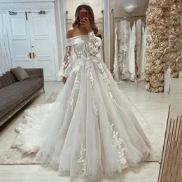 Boho marfim uma linha vestidos de casamento ilusão mangas compridas bateau pescoço rendas apliques tribunal trem tule praia vestidos de noiva 2024 princesa vestido de noiva romântica