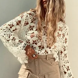 Spring Sexy Embroidery Jacquard Blouse Women Casual Long Sleeve Solid Shirt Autumn Elegant Oneck Hollow Out Loose Pullover Tops 240226