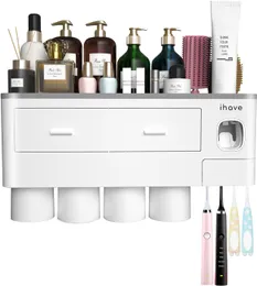 Tandborstehållare för badrum, 4 koppar tandborstehållare vägg monterad med tandkräm dispenser - stor kapacitet bricka, badrumsarrangör badrumstillbehör