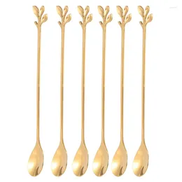 Spoons Long Handle Iced Tea Set Ice Cream Spoon Creative Gold Leaf Cocktail Stirring Mirror Finish (Gold 12)