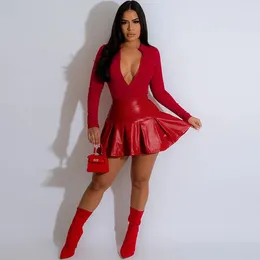 Work Dresses Autumn Winter Two Piece Set For Women Zipper Long Sleeve Bodysuit Tops And Leather Mini Skirt Birthday Night Club Outfits Dress