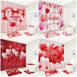 Shower Curtains Valentine's Day Curtain Set Pink Red Heart Balloon Woman Gift Bathroom Decor Floor Non-Slip Rug Bath Mat Toilet Lid Cover