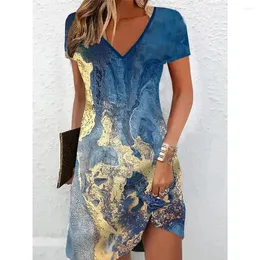 Casual Kleider Frauen Kurzarm V-ausschnitt A-Line Kleid Marmor Muster 3D Druck 2024 Oversizd Elegante Weibliche Mini Vestidos