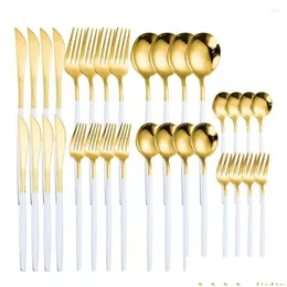 Dinnerware Sets White Gold Cutlery Set Stainless Steel 32Pcs Knife Fork Spoon Fruit Kitchen Tableware Flatware Wholesale Drop Delive Dhyfs