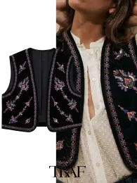 Väster trafik kvinnor broderi beskurna väst 2023 Autumn Women Waistcoat Vintage o Neck ärmlös hjärtskvinna Väst toppar