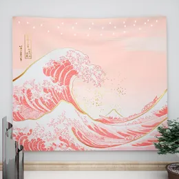 Wellen-Wandteppich in Pastellrosa und Gold, japanischer Wandteppich für Schlafzimmerästhetik, rosa Wandteppich, 149,9 x 129,5 cm