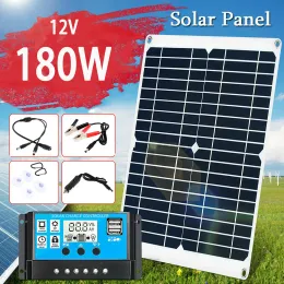 Solar 180W 12V Protable Solar Panel Kit Dual USB Port Battery Power Bank with 20A Controller Charger Outdoor Camping Lights