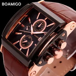 Watches Boamigo Men Quartz Watches Brow Leather Strap Auto Date Clock Male Fashion Casual Analog Big Man Wristwatches Relogio Masculino
