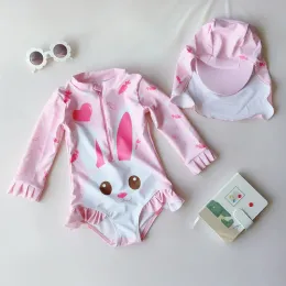 Ustawia dziecięcy strój kąpielowy One Piece niemowlęta krem ​​z długim rękawem Baby Cute Rabbit Princess Girl's Swimsuit + Hat Ruffles Dna