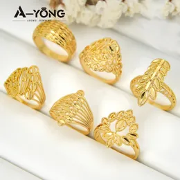 Ayong Gold Color Cocktail Sisters Ring 21K Gold Plated Hollow Out Special Styles Dubai Women Bridal Wedding Vintage Jewelry 240220