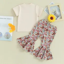 Kläduppsättningar Småbarn Baby Girl Summer Outfit Short Sleeve T-Shirt Topps Floral Fleared Pants Boho Vintage Clothes Set 6M-4T