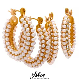 YHPUP Exquisite Luxury Stainless Steels Steel Imitation Pearls Hup Huggie Earrings Romantic Elegant Charm Trendy Chic Jewelry 240220