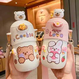 Bottiglia termica per orso Kawaii da 500 ml Bottiglia per acqua in paglia per bambini carina Bottiglie per bevande termiche per ragazze in acciaio inossidabile isolata 21101239v