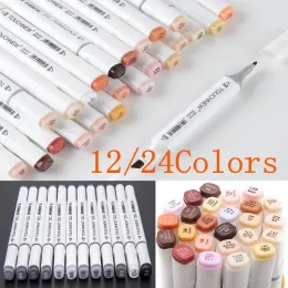 Markörer 12/24Colors Pen Hud Tone Marker Cool Grey Set Dual Head Sketch Markers Pen for Drawing Portrait Animation Art Supplies