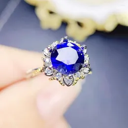 Cluster Rings Blue Sapphire Round Big Ring Per Jewelry 925 Sterling Silver 10 10mm 4.5ct Gemstone Fine J228289