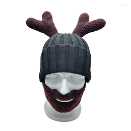 Berets Christmas Prank Antler Beard Knit Hat Beanie Wild Warm For Outdoor Sport Drop