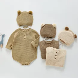 Jackets Newborn Infant Baby Girl Boy Jumpsuit Knit Ribbed Cute Outfits Long Sleeve Bodysuit+Bear Ear Hat Fall Winter Romper