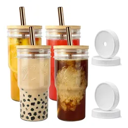 22/24OZ Glass Cup With Bamboo Lid And Straw Transparent Bubble Tea Cup Juice Glasses Beer Can Milk Cups Breakfast Mug Drinkware 240219