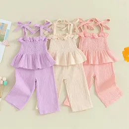 Kläderuppsättningar 0-3y Casual Baby Girl Summer Cotton Outfits Solid Color Sleeveless Ruffle Camisole Tops Pants Kids Clothes Set 2sts