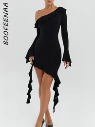 Casual Dresses BOOFEENAA Asymmetric Ruffle Short One Shoulder Long Sleeve Vestidos Spring 2024 Women Elegant Party Black Dress C92-CH30