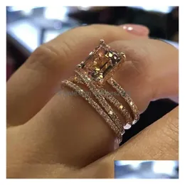 حلقات الفرقة أزياء Mtilayer Morganite Rings Rose Gold Color Neddent Jewelry Champagne Crystal Stone Ring Bague for Women Mother Days Dhihx