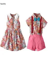 Fashion Baby Kids Clothing Sets Short Sleeve Bowtie ShirtSuspender Shorts Princess Dress Brother and Sister Matching Outfits 211040884