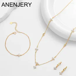 Necklace Earrings Set ANENJERY Four-leaf Flower Zircon Chain With Bracelet Earring For Women Light Exquisite Trendy Jewelry Gift