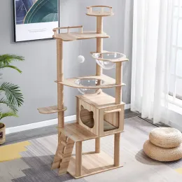 Scratchers Cat Tower With Bowl Cat Tree Basket Toy Bed Hammock House Big Condo Tunnel Home Seethrough Ramp Outdoor Nest Wood Supplies Pet Pet