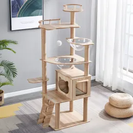 Torre para gatos com tigela, cesta de árvore para gatos, cama de brinquedo, casa grande, túnel de condomínio, rampa transparente, ninho ao ar livre, suprimentos de madeira para animais de estimação