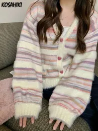 Kosahiki Rainbow Striped Cardigan Women Kawaii hjärtknapp Japansk mjuk söt stickad tröja Harajuku Y2K Kardigany 240219