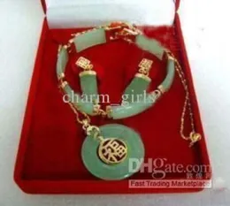 Classic luxury girl lady jewellery set Noblest green jade 18k gold filled link pendant bracelet earrings necklace jewelry set3249408