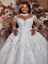 Luxury Arabic Wedding Dress 2024 High Neck See Through 3D Flowers Beads Pearls Corset Back Robe De Mariage Bridal Gowns Vestidos De Novia