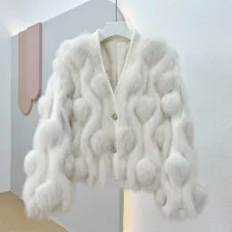 Fur FURTJY New Real Full Pelt Fox Fur Coat Women Short Vneck Single Breasted Fur Warm Fashion Jacket Mink Fur Coats Autumn Winter