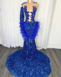 2024 Royal Blue Sheer O Neck Long Prom Dress For Black Girls Beaded Sequined Birthday Party Gowns Feathers Evening Wears Robe De