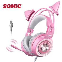 Hörlurar/headset somic Pink Kitten Gaming Headset ASMR Buff Vibration LED Flash Light Egirl Wired hörlurar för PS5/PS4/PC/Laptop/Computer G951