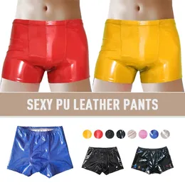 Cuecas boxer masculinas de couro patenteado, sexy, aparência molhada, metálica brilhante, roupa íntima, roupa de banho, pole dança rave, roupa de balada 240228