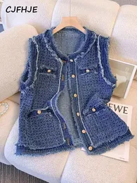 CJFHJE Blau Frühling Herbst Flow Ärmellose Tank Top Mantel Frauen Einreiher Plaid Denim Weste Weibliche Quaste Elegante Dame Westen 240228