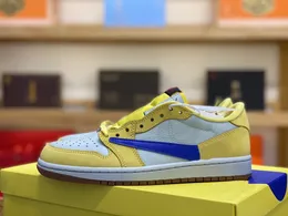 Authentic 1 Low Canary Shoes Fragment Elkins 1S TS Travis Cactus Jack Canary Sail University Blue Yellow Mens Women Outdoor Sneakers With Box