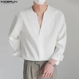 Moda masculina camisa cor sólida solta decote em v manga longa roupas streetwear estilo coreano camisas casuais s5xl incerun 240223