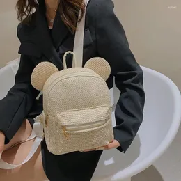 Sacos escolares Mouse Ears Mochila Feminina 2024 Verão Mini Mochilas de Palha para Meninas Kawaii Ombros Saco Coreano Mochila 3D Urso Bagpack Sac