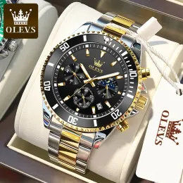 Watches Olevs 2870 Multifunctional Threeeye Stainless Steel Strap Men Wristwatches Fashion Waterproof Quartz Watches for Men Luminous